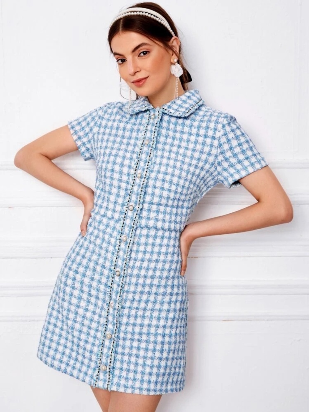 Blue Plaid Raw Trim Tweed Mini Dress